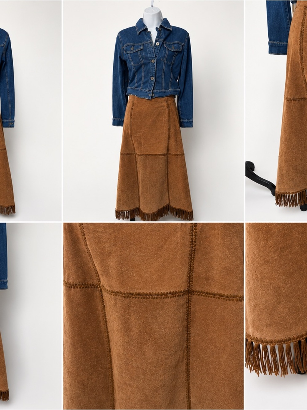 Selene Sport Brown Suede Patchwork Fringe Maxi Skirt Western Boho!